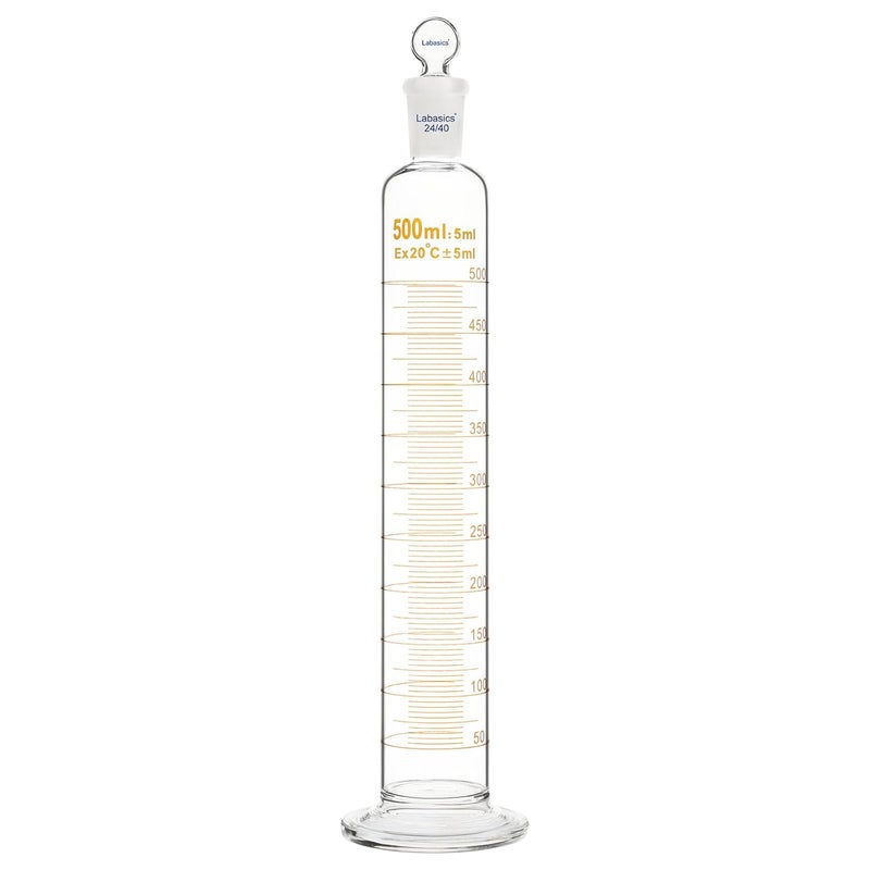 Labasics Graduated Cylinder with Stopper, 500 ml Borosilicate Glass Measuring Cylinder with 24/40 Standard Ground Joint Stopper, Durable Laboratory Glassware for Accurate Liquid Measurement - Image 1